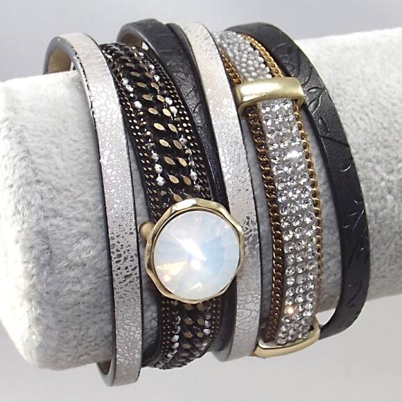 Black & Gold Leather Rhinestones Magnetic Bracelet, 7 1/2 Inch, Distressed Clasp - Picture 1 of 8